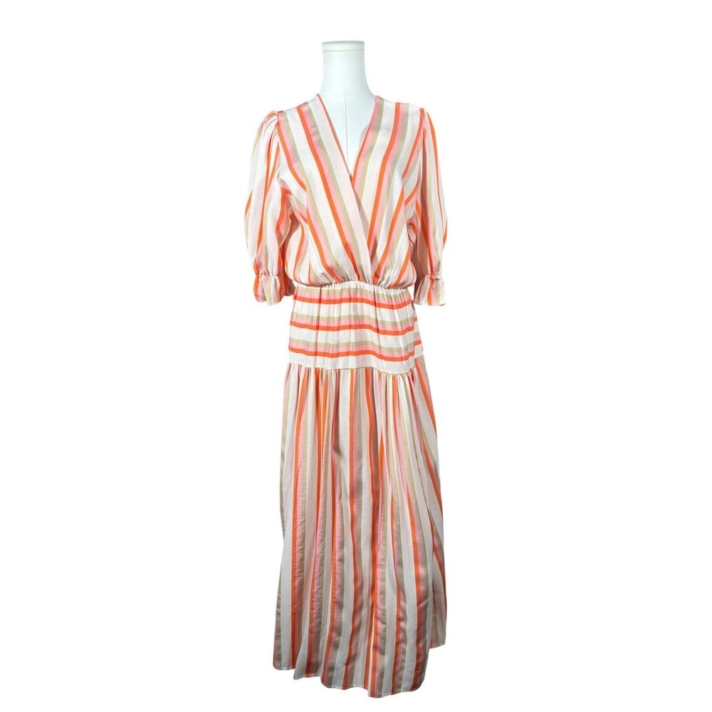 Dixie Orange Pink Striped V-Neck Tiered Maxi Dress Womens Medium